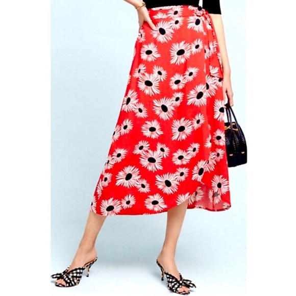 Anthropologie Dresses & Skirts - Anthropologie Daisy Print Wrap Red Midi Skirt L